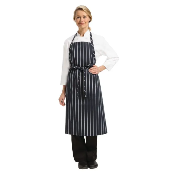 Tablier Bavette Tissé Premium à Rayures Bleu Marine et Blanches
