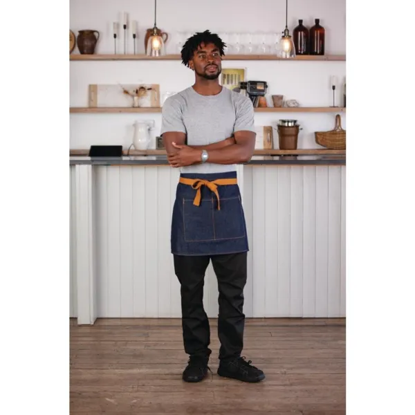 Tablier de Serveur Denim Bleu avec Ceinture Ocre en Coton - 700 x 430 mm