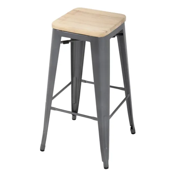 Tabouret Bistro Haut en Acier Gris avec Assise en Bois - Lot de 4