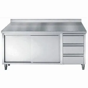Meuble Inox Bas avec Dosseret GN 1/1 - 2 Portes et 3 Tiroirs - L 1800 x P 700 mm