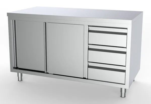 Meuble Inox Bas GN 1/1 - 2 Portes et 3 Tiroirs à Droite - L 2000 x P 700 mm