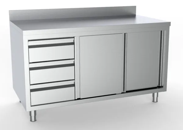 Meuble Inox Bas avec Dosseret- 2 Portes et 3 Tiroirs à Gauche - L 1800 x P 700 mm