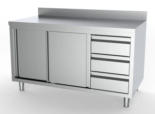Meuble Inox Bas avec Dosseret - 2 Portes et 3 Tiroirs à Droite - L 1400 x P 700 mm