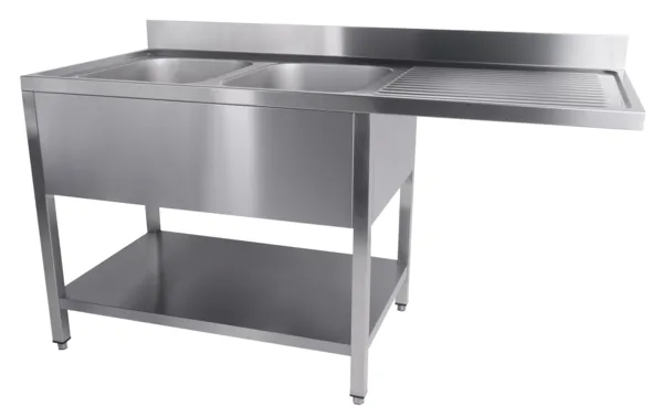 Plonge 2 Bacs et Passage pour Lave-Vaisselle à Droite avec Dosseret et Etagère Démontable - L 1600 x P 700 mm