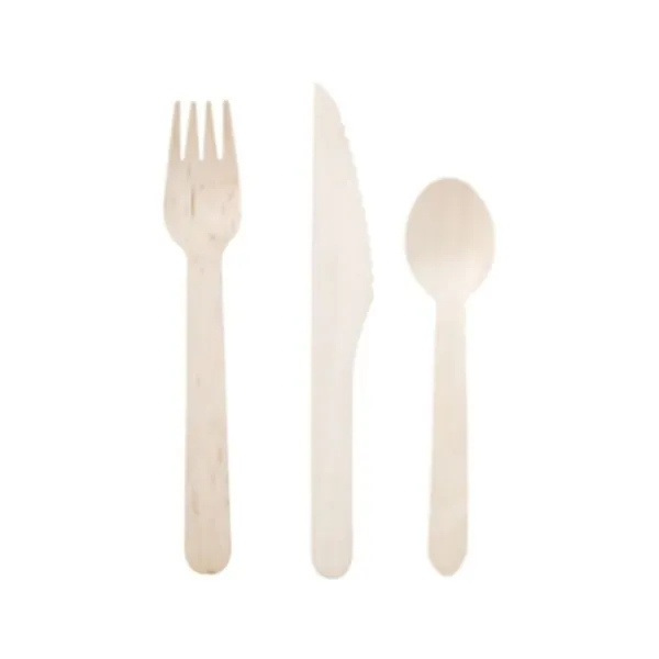 Couverts en Bouleau - Kit 3 Pièces : Fourchette, Couteau, Cuillère - Lot de 50