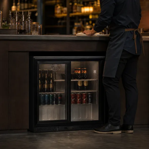 Arrière de Bar Réfrigéré 220 L, 2 Portes Vitrées Coulissantes, Froid Ventilé +2/+10°C, 180 Bouteilles