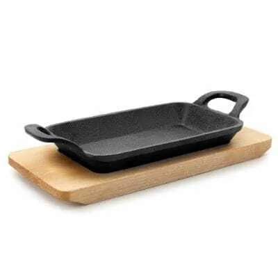 Mini Plancha Grill Lisse avec Base Bois - 22,5 x 10 cm