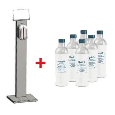 Pack Hygiène : Colonne à Distributeur Automatique de Gel Hydroalcoolique et Solution Hydroalcoolique en Bouteille - 6 x 600 ml
