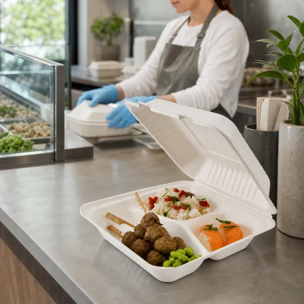 Lunch Box Bagasse 3 Compartiments 229x229 mm Blanc, Couvercle Charnière, Micro-Ondable — Lot de 50