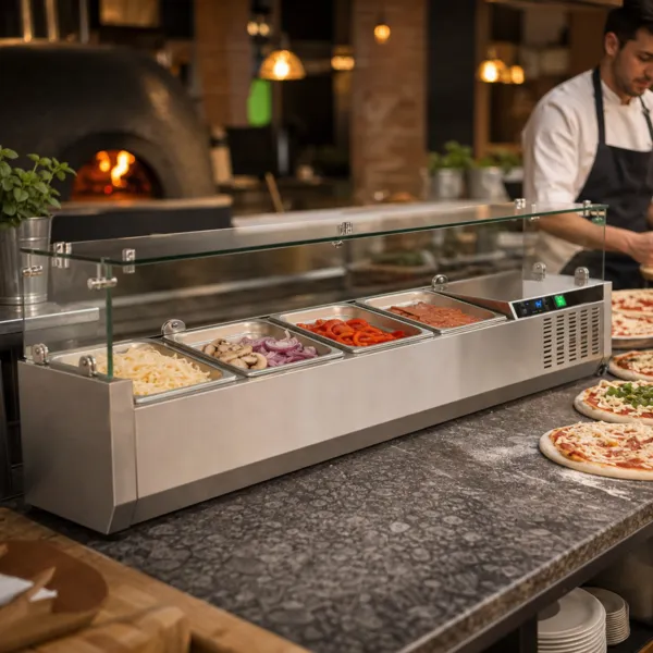 Saladette à Poser Réfrigérée 4 x GN1/4 +2/+8°C 110 W Vitrine Verre Inox, Pizzeria Sandwicherie