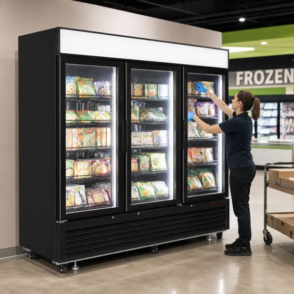 Vitrine Réfrigérée Négative 2050 L 3 Portes Vitrées -25/-14°C Froid Ventilé Canopée LED Noire