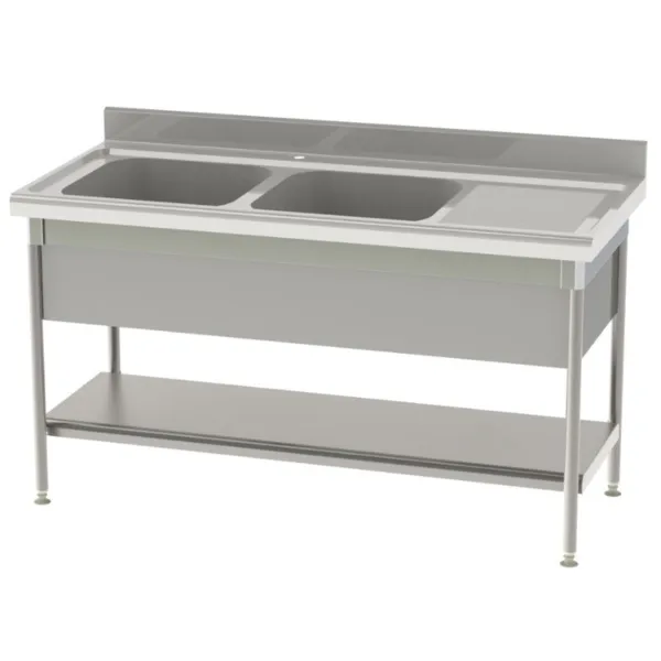 Plonge Standard 2 Bacs et Egouttoir à Droite avec Etagère Pleine et Cache-Cuve - P 700 - L 1600 mm