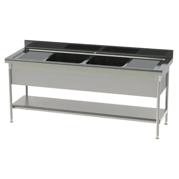 Plonge Standard 2 Bacs et 2 Egouttoirs avec Etagère Pleine et Cache-Cuve - P 700 - L 2100 mm