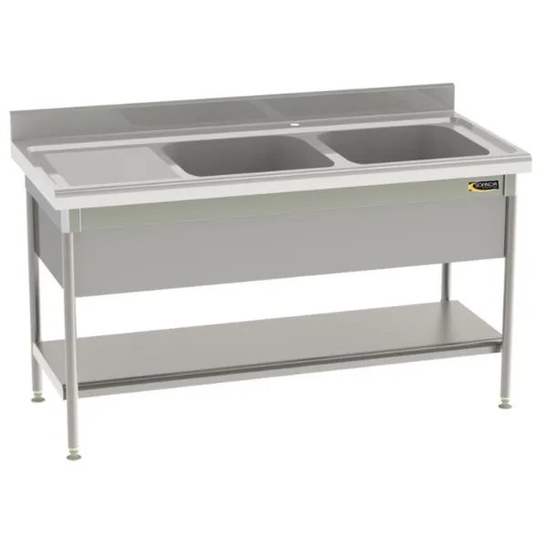 Plonge Standard 2 Bacs et Egouttoir à Gauche avec Etagère Pleine et Cache-Cuve - P 700 - L 1600 mm