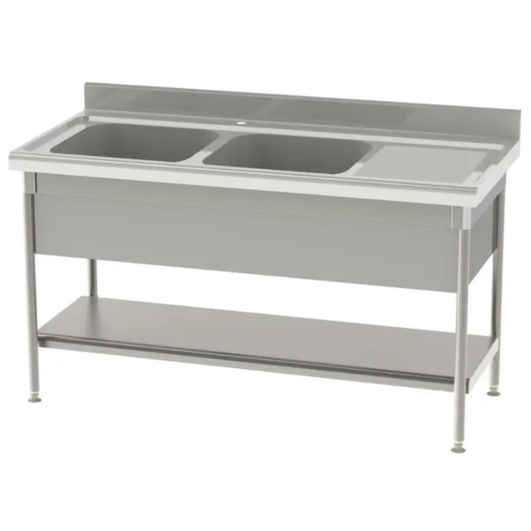 Plonge Standard 2 Bacs et Egouttoir à Droite avec Etagère Pleine et Cache-Cuve - P 700 - L 1800 mm