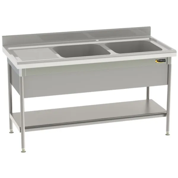 Plonge Standard 2 Bacs et Egouttoir à Gauche avec Etagère Pleine et Cache-Cuve - P 700 - L 1800 mm