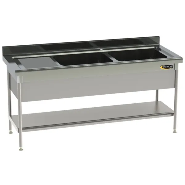 Plonge 2 Bacs et Egouttoir à Gauche avec Cache-Cuve et Etagère Pleine - P 700 - L 1900 mm