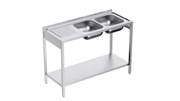 Plonge 2 Bacs avec Etagère et Egouttoir à Gauche - L 1200 x P 500 mm