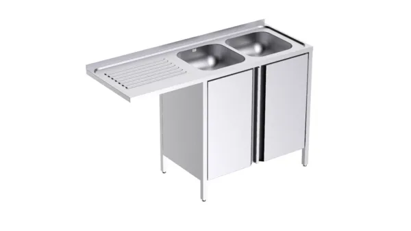 Plonge 2 Bacs avec Portes et Passage pour Lave-Vaisselle à Gauche - L 1350 x P 500 mm