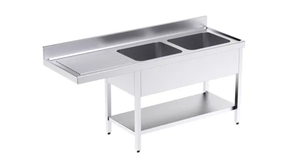 Plonge 2 Bacs avec Etagère et Passage pour Lave-Vaisselle à Gauche - L 1800 x P 600 mm