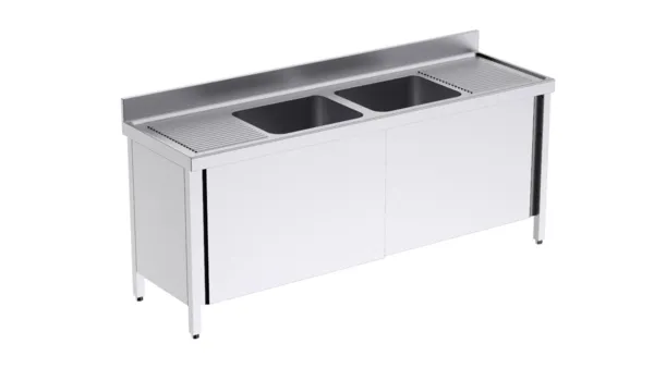Plonge 2 Bacs avec Portes Coulissantes et Egouttoirs à Droite et à Gauche - L 2000 x P 600 mm