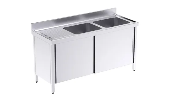 Plonge 2 Bacs avec Portes Coulissantes et Egouttoir à Gauche - L 1600 x P 600 mm