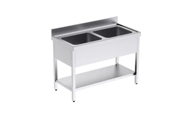 Plonge 2 Bacs avec Etagère - L 1200 x P 700 mm