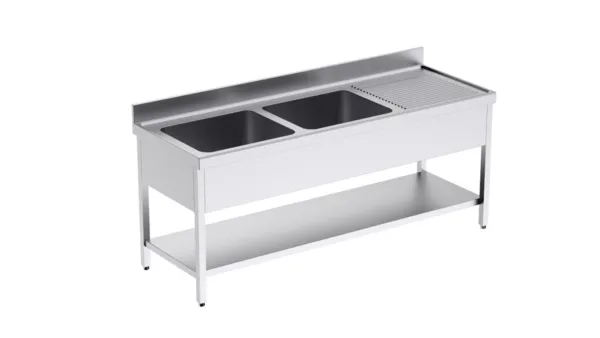 Plonge 2 Bacs avec Etagère et Egouttoir à Droite - L 2000 x P 700 mm