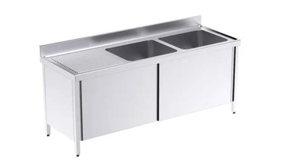Plonge 2 Bacs avec Portes Coulissantes et Egouttoir à Gauche - L 2000 x P 700 mm