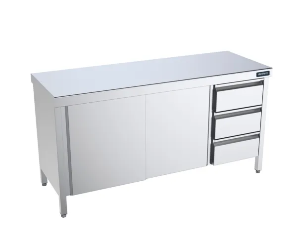 Meuble Inox Bas avec Portes Coulissantes et Tiroirs à Droite - L 1600 x 700 mm