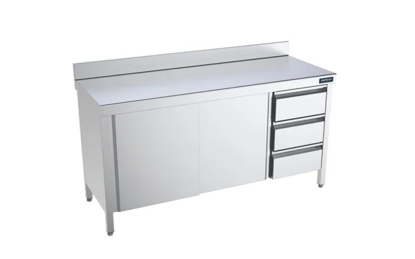 Meuble Inox Bas avec Portes Coulissantes, Dosseret et Tiroirs à Droite - L 2000 x 600 mm