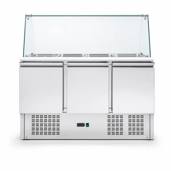 Saladette Réfrigérée 248 L 3 Portes, 4 Bacs GN 1/1, Vitrine Verre, +2/+10 °C, Froid Statique R290