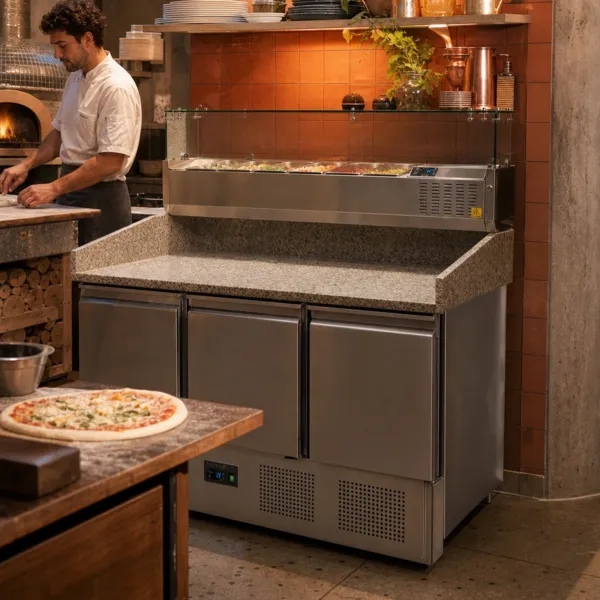 Table à Pizza Réfrigérée 400 L 3 Portes, Saladette 6 x GN1/4, Plan Granit, +2/+10 °C, 175 W