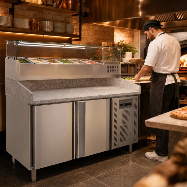Table à Pizza Réfrigérée 390 L 2 Portes, Plan Granit, Saladette 6 x GN1/3, +2/+10 °C, Froid Ventilé