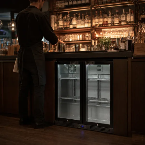 Arrière-Bar Réfrigéré 218 L 2 Portes Vitrées Battantes, Froid Ventilé +2/+10°C, LED, 180 Bouteilles