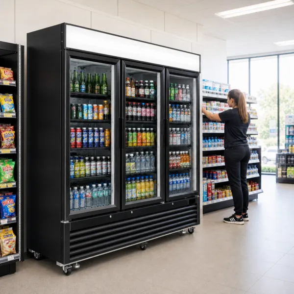 Vitrine Réfrigérée Noire 3 Portes Vitrées 2050 L +1/+8°C 650 W, Froid Ventilé, LED, Dégivrage Auto
